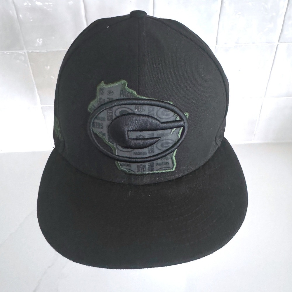 Green Bay Packers New Era 59FIFTY Cap 7 3/8 Black Olive Wisconsin Logo Flat Bill